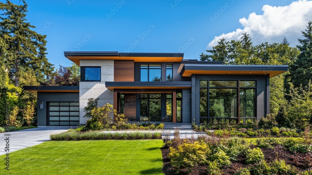 A medium-sized, modern house with a sleek exterior, large windows, and a neatly landscaped front yard, ideal for a suburban family home concept. A medium-sized, modern house with a sleek exterior, large windows, and a neatly landscaped front yard, ideal for a suburban family home concept.