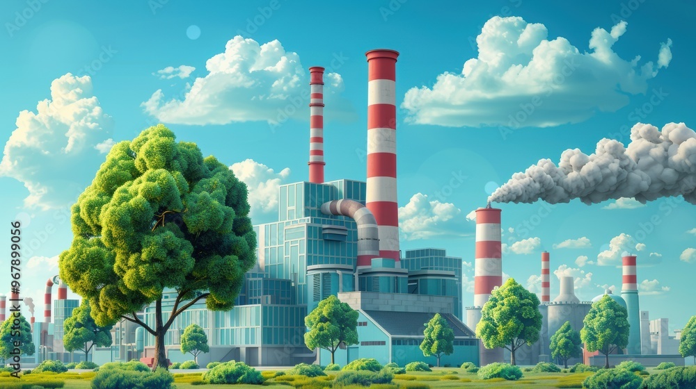 Obraz premium A factory with a large red and white chimney and a tree in the foreground