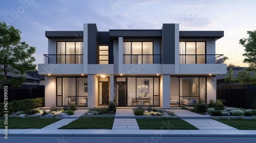 A medium-sized urban townhouse with a sleek, modern facade, rooftop terrace, and minimal landscaping, ideal for a compact, city living home concept.