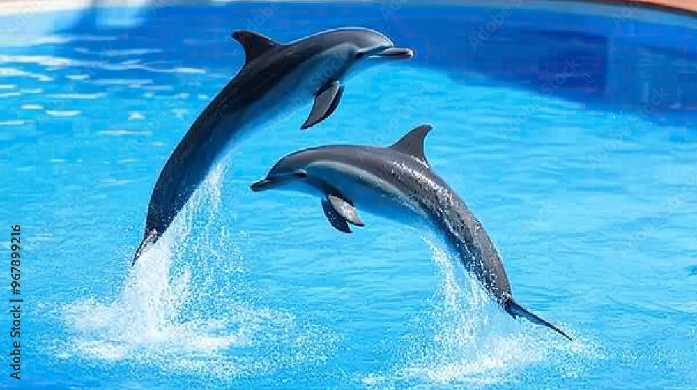 Fototapeta premium Couple dolphins jumping on the water with bright blue sky .generative ai