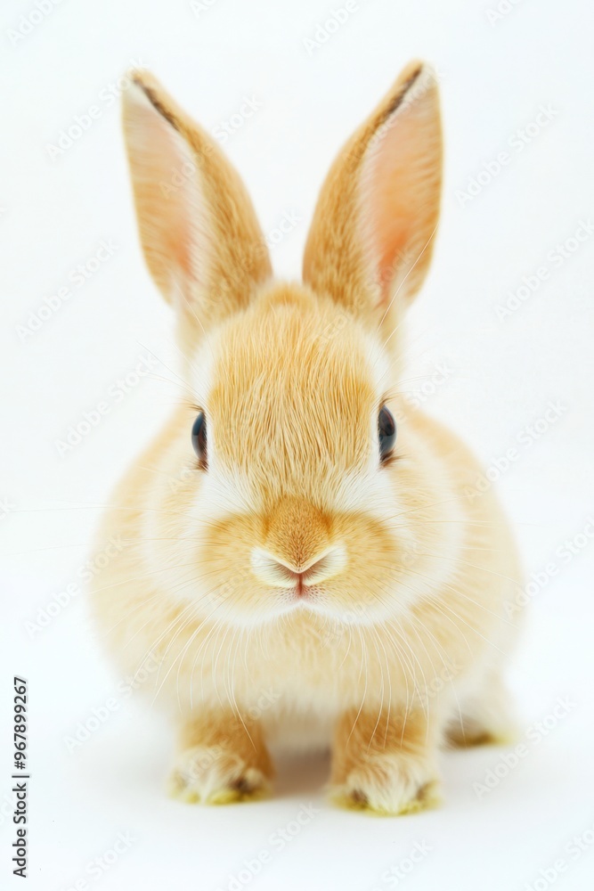 A curious fluffy rabbit exploring a bright and minimalistic white backdrop A curious fluffy rabbit exploring a bright and minimalistic white backdrop