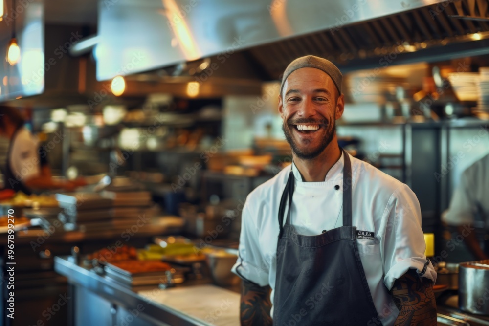 Fototapeta premium Portrait of a smiling American chef in commercial kitchen