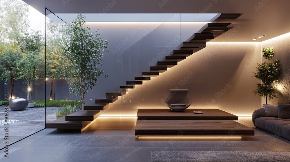 Fototapeta premium A modern luxury staircase with floating wooden steps, glass balustrades, and soft ambient lighting, creating a sleek and sophisticated atmosphere in a high-end home.