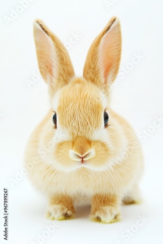 A curious fluffy rabbit exploring a bright and minimalistic white backdrop