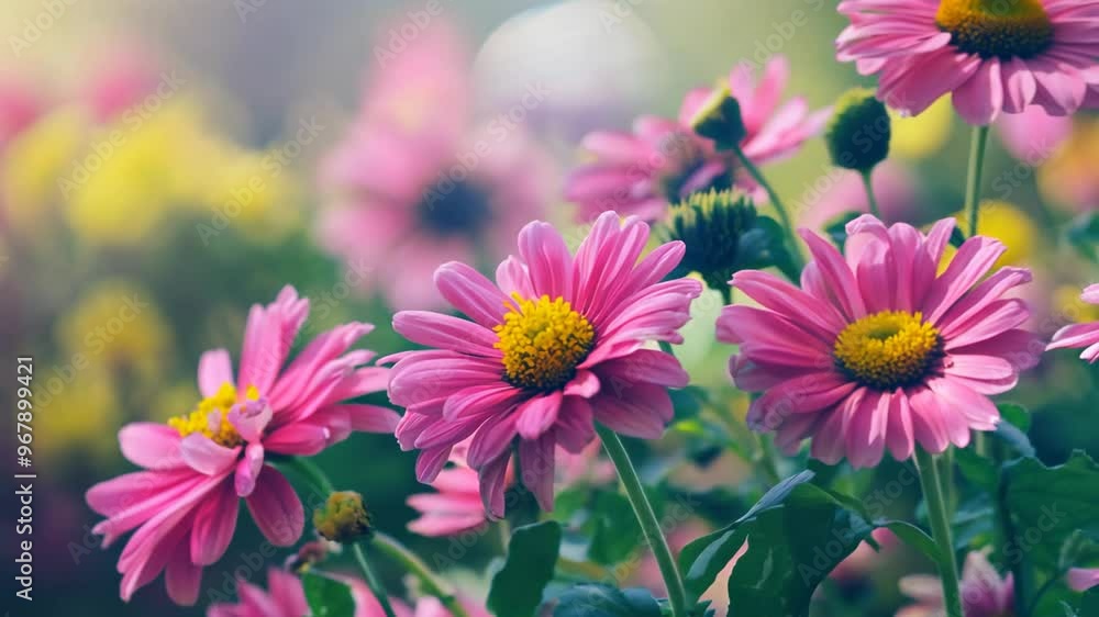 beautiful pink daisy flower field, endless flower field with romantic sunset sunlight beautiful pink daisy flower field, endless flower field with romantic sunset sunlight
