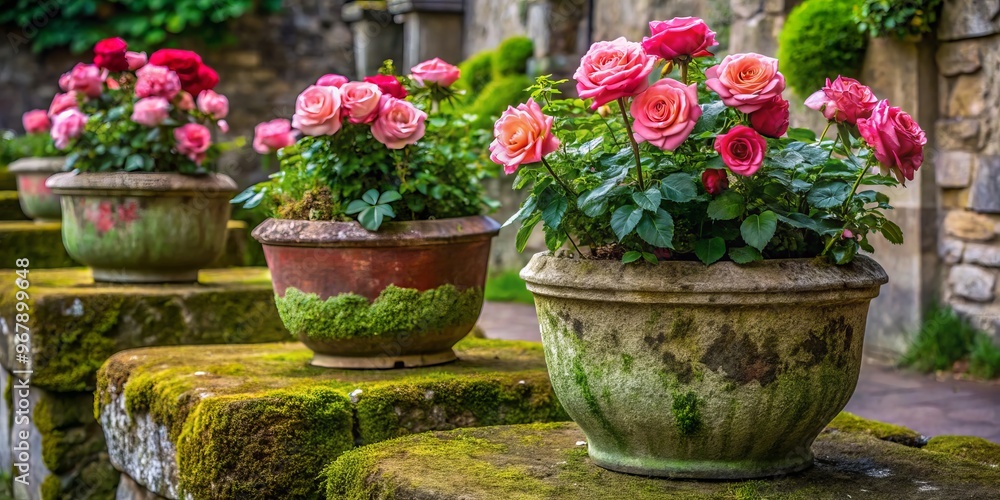 Roses in old garden stone planters with mossy textures Roses in old garden stone planters with mossy textures