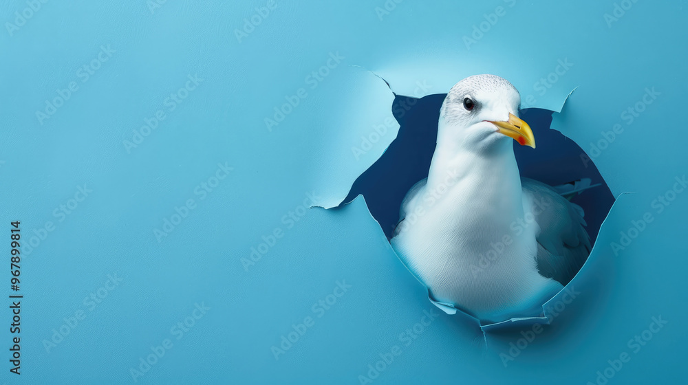 Obraz premium cute ring-billed gull peeking through a hole in a blue paper wall