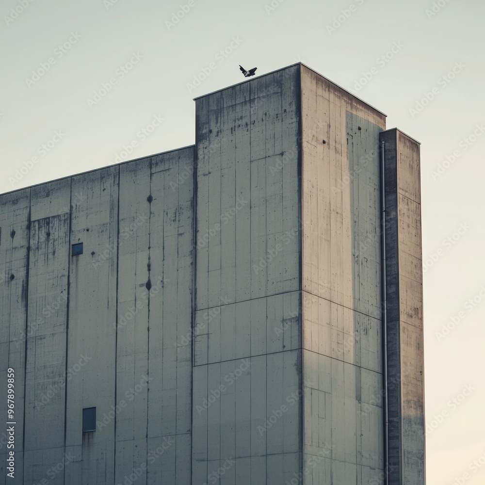 A solitary bird perched on the rooftop of a minimalist industrial building at dusk A solitary bird perched on the rooftop of a minimalist industrial building at dusk