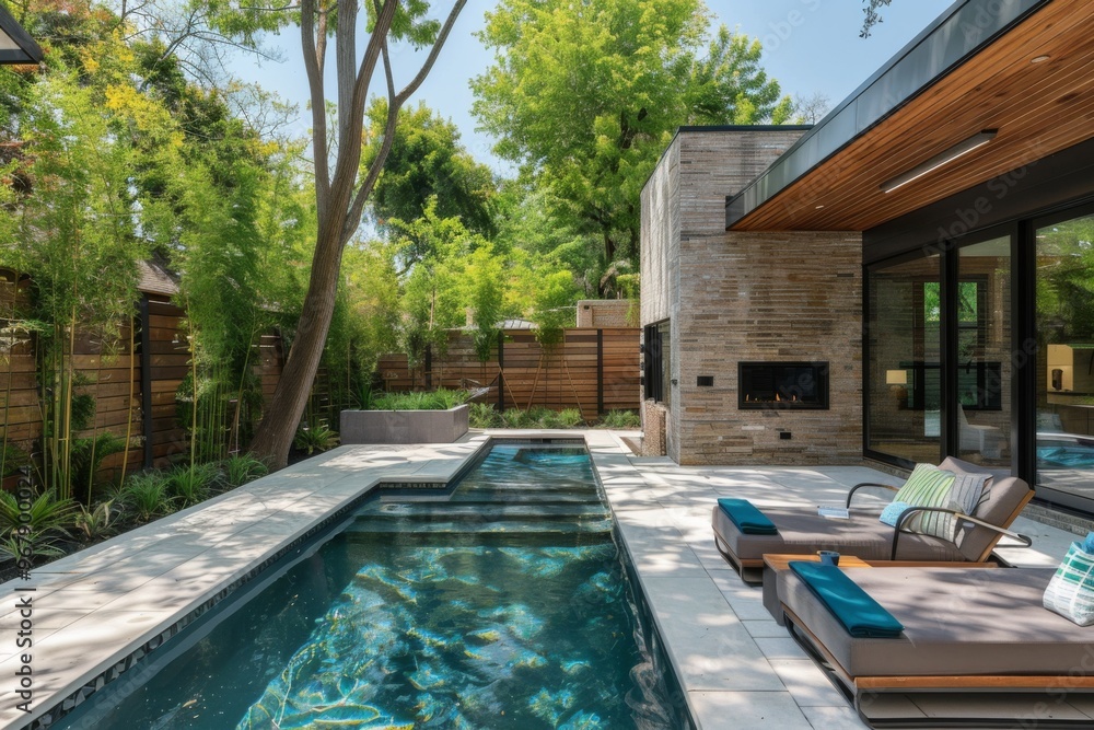 Fototapeta premium Small modern design home with backyard pool