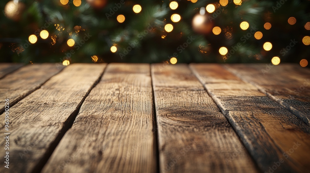 A raw wooden table set against a festive Christmas background, featuring a Christmas ball decoration. The table is empty, making it ideal for product displays or holiday-themed visuals A raw wooden table set against a festive Christmas background, featuring a Christmas ball decoration. The table is empty, making it ideal for product displays or holiday-themed visuals