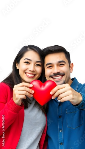 Smiling couple holding a heart symbol on transparent background
