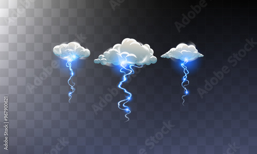 Three clouds with lightning shooting from them. Semi cartoonish vfx effects. Bright realistic lightning on a transparent background.