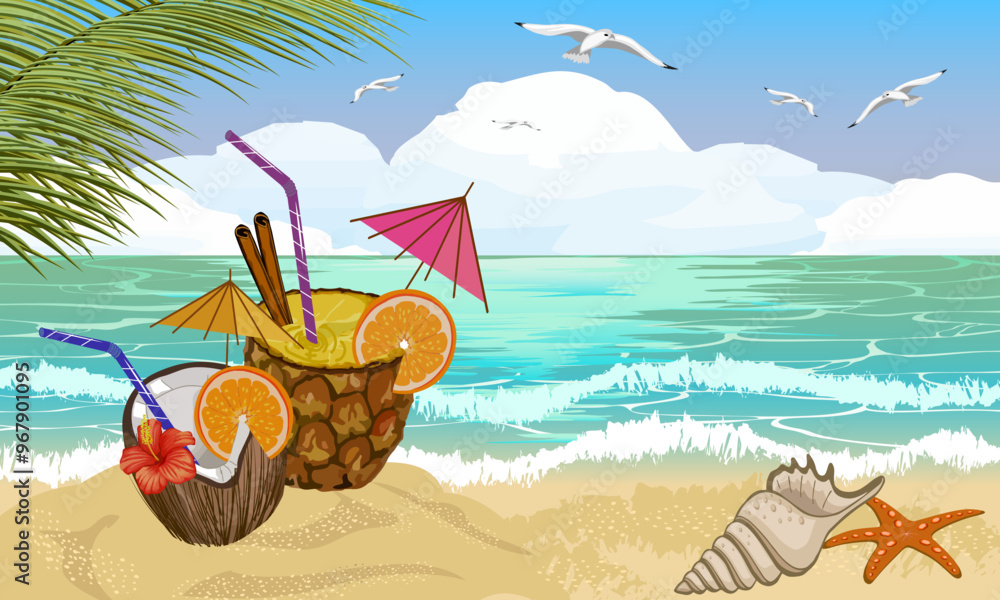 Fruit cocktails on the sand.Vector illustration with tropical fruit cocktails by the sea. Fruit cocktails on the sand.Vector illustration with tropical fruit cocktails by the sea.