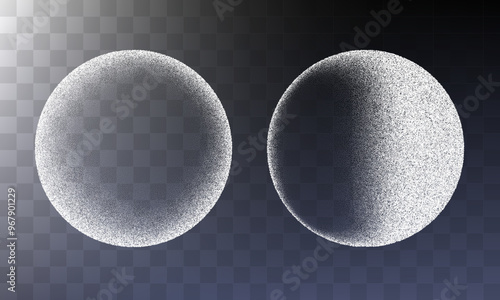 Circle sphere shadows from different angles. Noise grain background, pointillism dots gradient or dotwork pattern, vector stipple effect. Grain noise halftone or grainy texture or dotwork grain noise