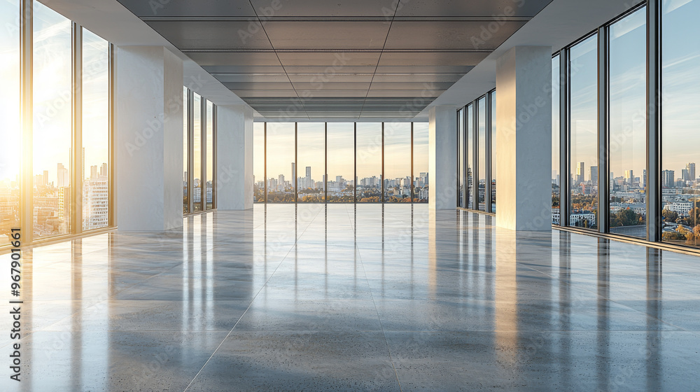 Fototapeta premium A wide, empty office space with large windows overlooking a city skyline.