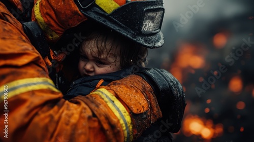 A brave firefighter in orange gear holds a scared child tightly, shielding them from flames in the background while wearing a protective helmet and safety equipment. photo