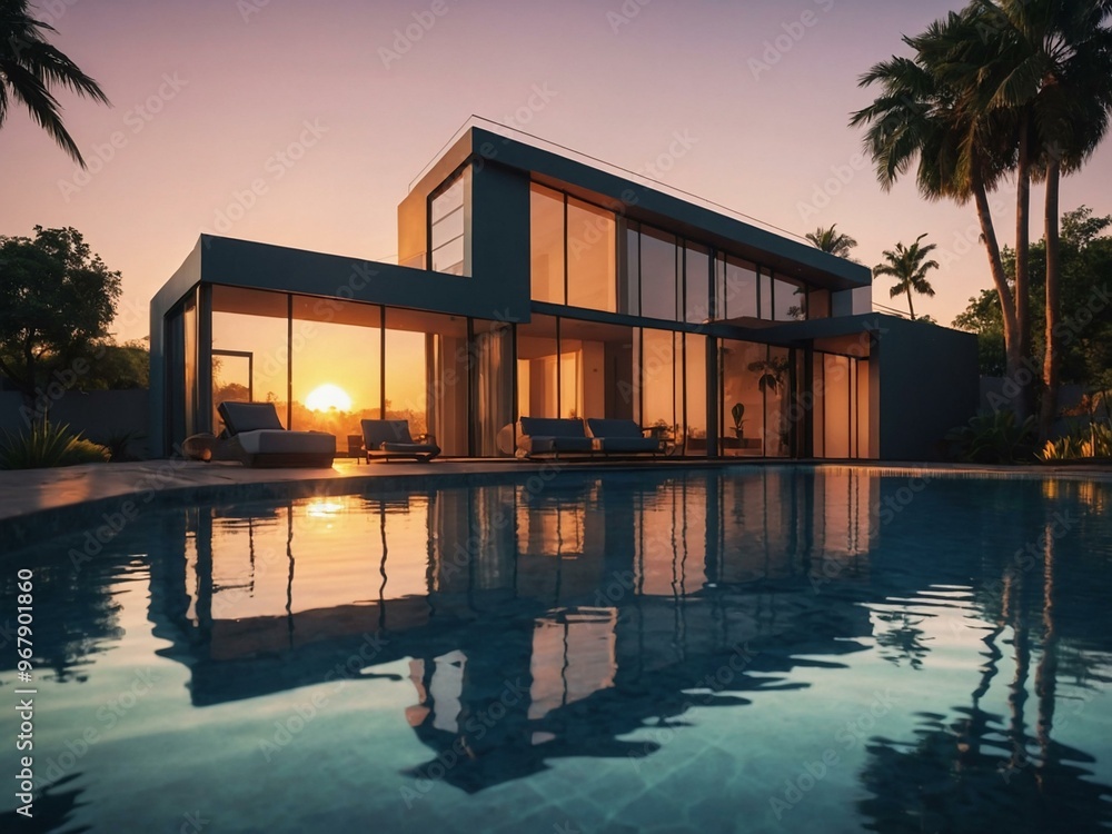 House with a pool reflecting a sunset, captured in a D illustration. House with a pool reflecting a sunset, captured in a D illustration.