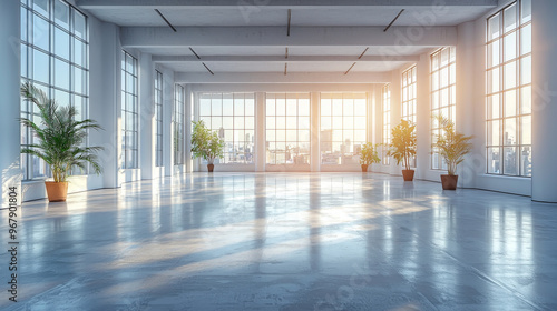 Empty office space with large windows and city view.