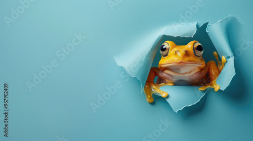 cute polliwog peeking through a hole in a blue paper wall