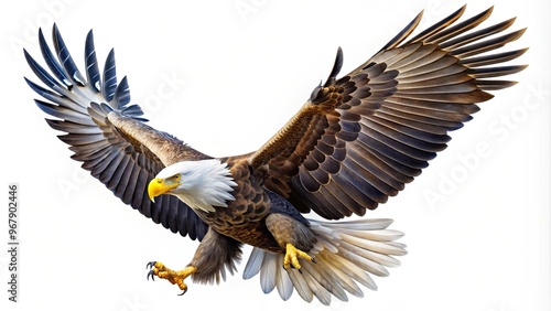 A dynamic illustration of a bald eagle in flight, showcasing the intricacies of its feather patterns, against a minimalistic white background