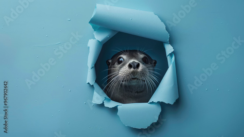 cute placental mammals peeking through a hole in a blue paper wall photo