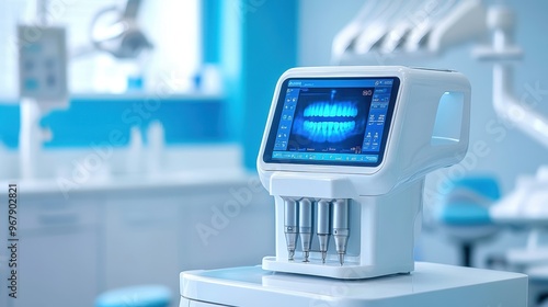 Wallpaper Mural Modern dental equipment with a digital screen displaying teeth imaging in a bright clinic environment. Torontodigital.ca