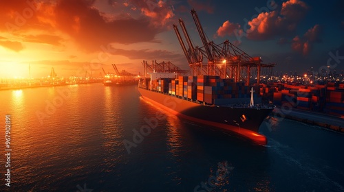 Cargo ship at sunset in a busy port with towering cranes loading and unloading containers, creating a vibrant shipping and logistics scene. photo