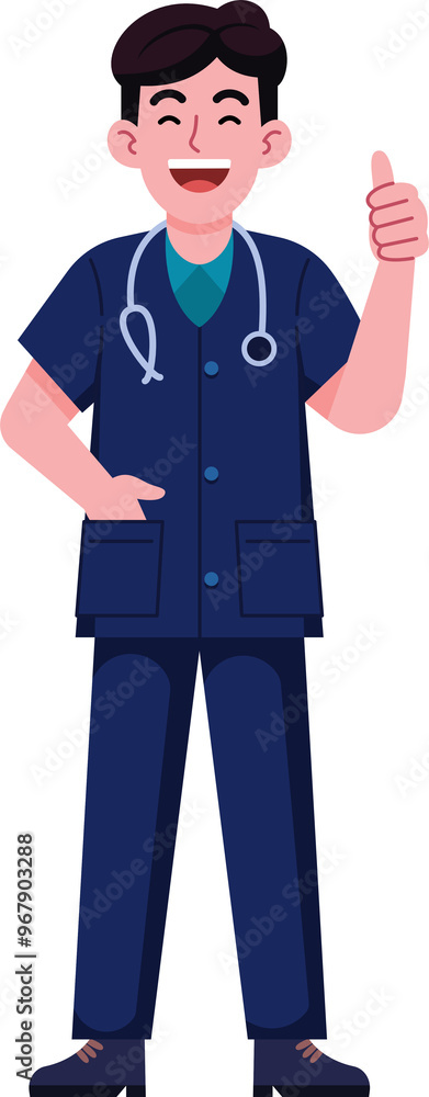 A man in a blue scrub suit is giving a thumbs up. He is smiling and he is happy. Doctor and Medical.