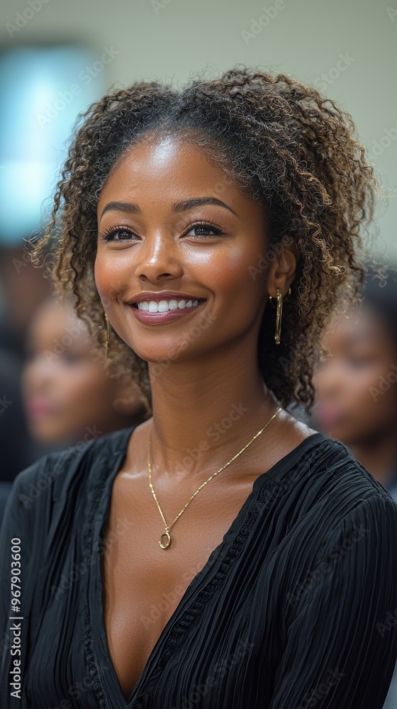Fototapeta premium African american young woman with curly hair smiles confidently in a black outfit at a stylish indoor gathering, radiating sophistication and friendliness in a modern setting.