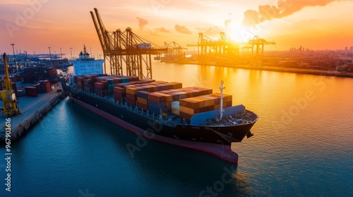 Cargo ship docked at shipping port with cranes during sunset, displaying maritime transport and trade industry.