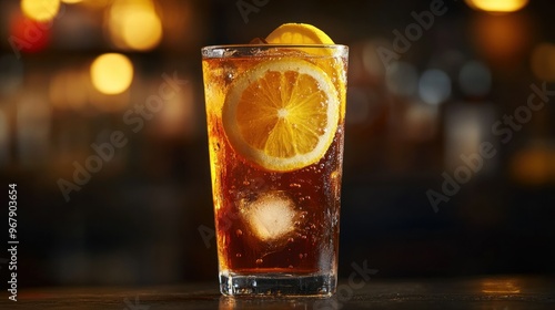 A refreshing drink with lemon slices and ice, served in a glass.