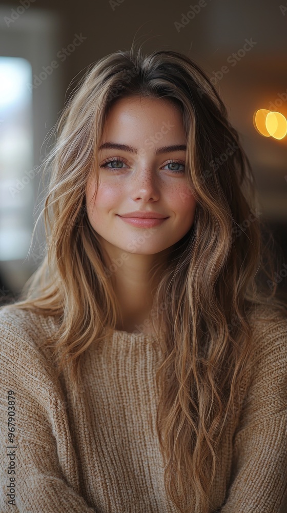 A smiling young woman with wavy hair, dressed warmly, posing in a cozy indoor setting with soft lighting, exuding warmth and friendliness. A smiling young woman with wavy hair, dressed warmly, posing in a cozy indoor setting with soft lighting, exuding warmth and friendliness.