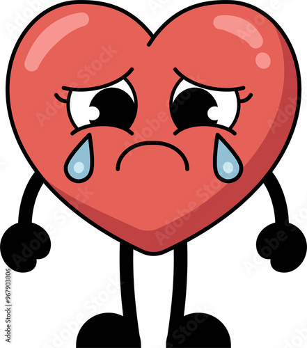A heart shaped cartoon character is crying and sad expression. flat style illustration.