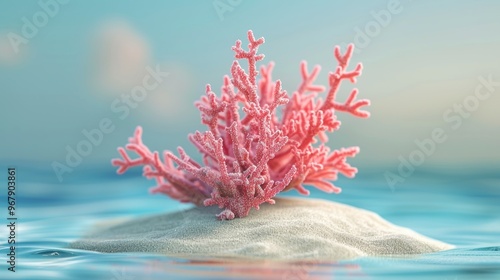 A pink coral plant is on a sandy beach next to the ocean photo