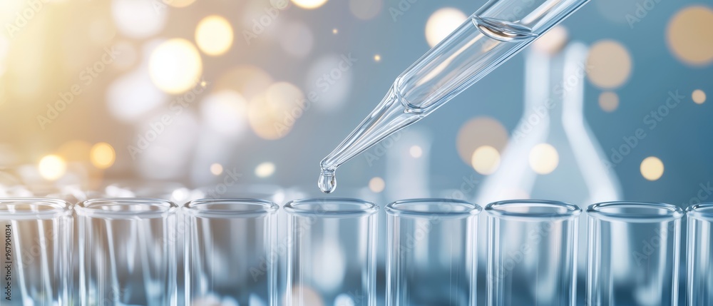 A laboratory scene with rows of empty glass test tubes, a pipette in the foreground with a single droplet falling, soft bokeh background of scientific tools and charts A laboratory scene with rows of empty glass test tubes, a pipette in the foreground with a single droplet falling, soft bokeh background of scientific tools and charts