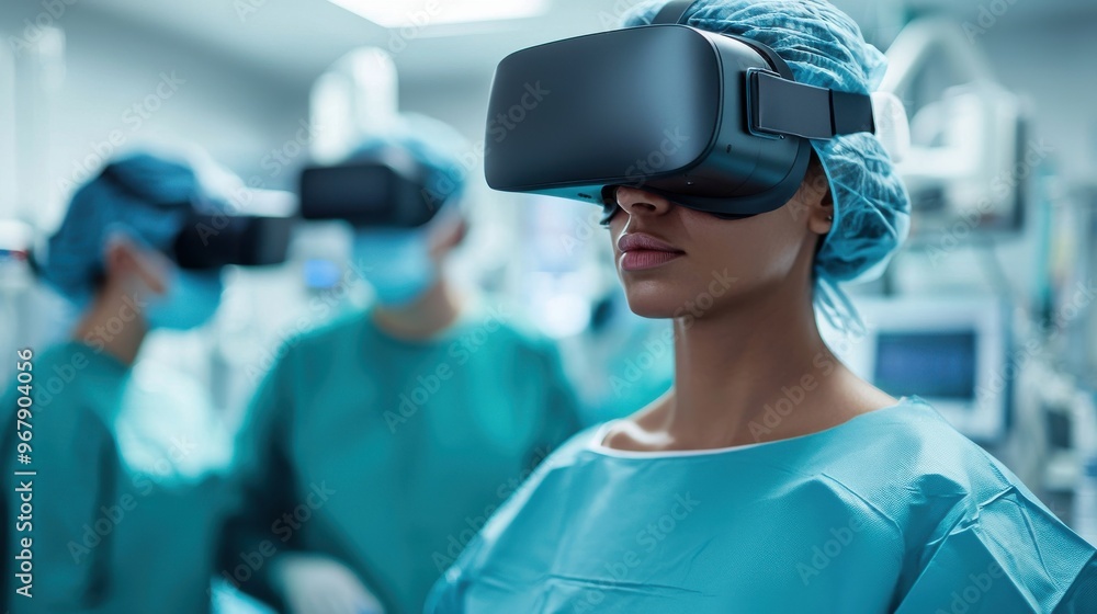 A healthcare team using VR technology to prepare a patient for an upcoming surgical procedure in a modern hospital A healthcare team using VR technology to prepare a patient for an upcoming surgical procedure in a modern hospital