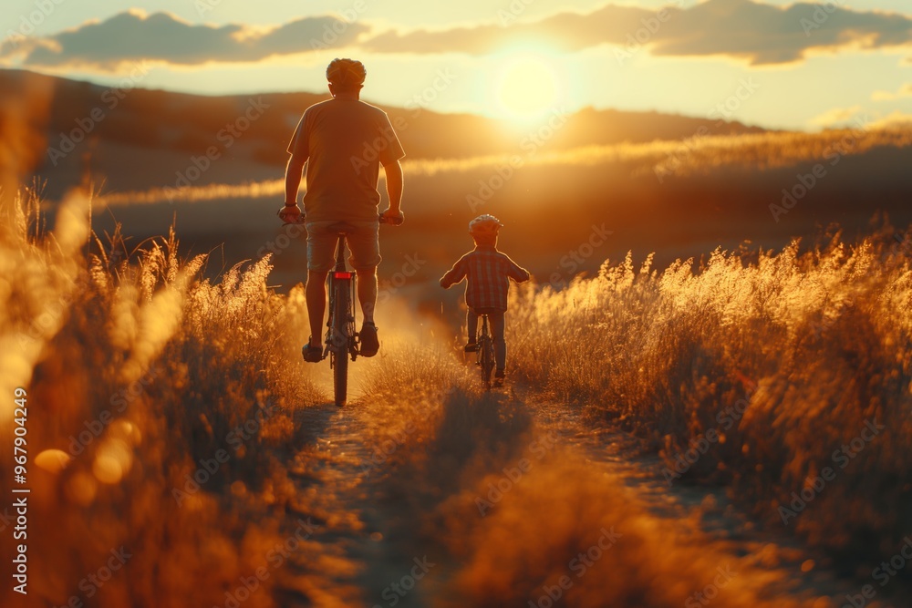 Fototapeta premium Happy father with son riding bicycles on outdoors. sunset. forest and park with paths. father and son spending time together. family, love and bicycles