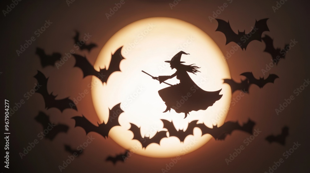 A witch silhouette flying across a full moon surrounded by bats, perfect for Halloween-themed designs and decorations. A witch silhouette flying across a full moon surrounded by bats, perfect for Halloween-themed designs and decorations.