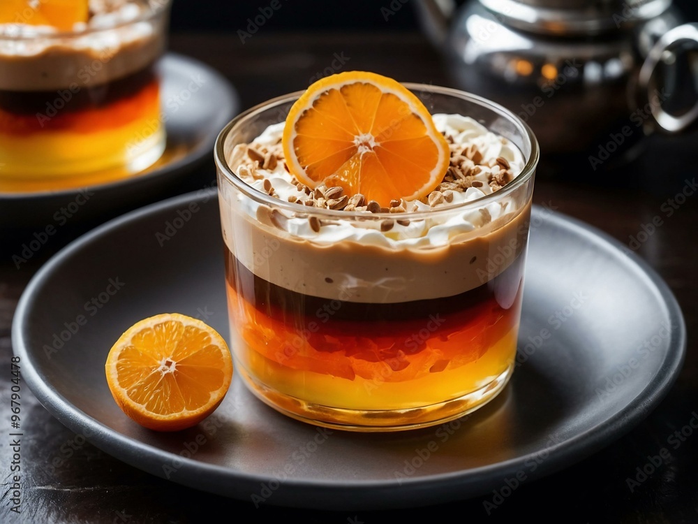 Layered coffee-orange dessert with a glossy jelly topping. Layered coffee-orange dessert with a glossy jelly topping.
