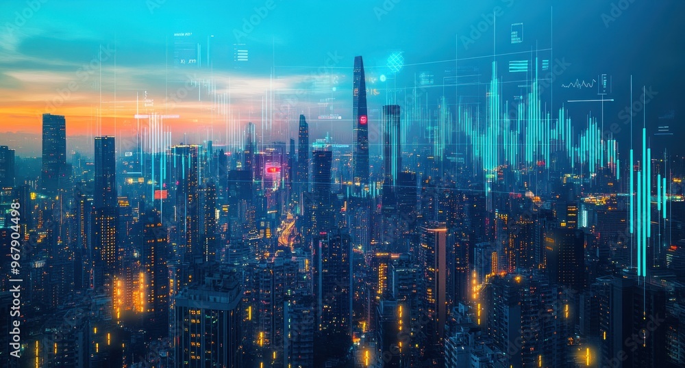 Fototapeta premium Cityscape with Data Visualizations