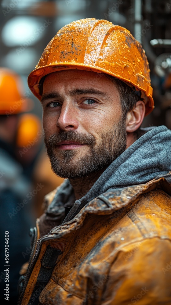 Worker, donning a hard hat and a pleasant expression, is positioned within an industrial backdrop, showcasing the essence of teamwork and safety. Worker, donning a hard hat and a pleasant expression, is positioned within an industrial backdrop, showcasing the essence of teamwork and safety.