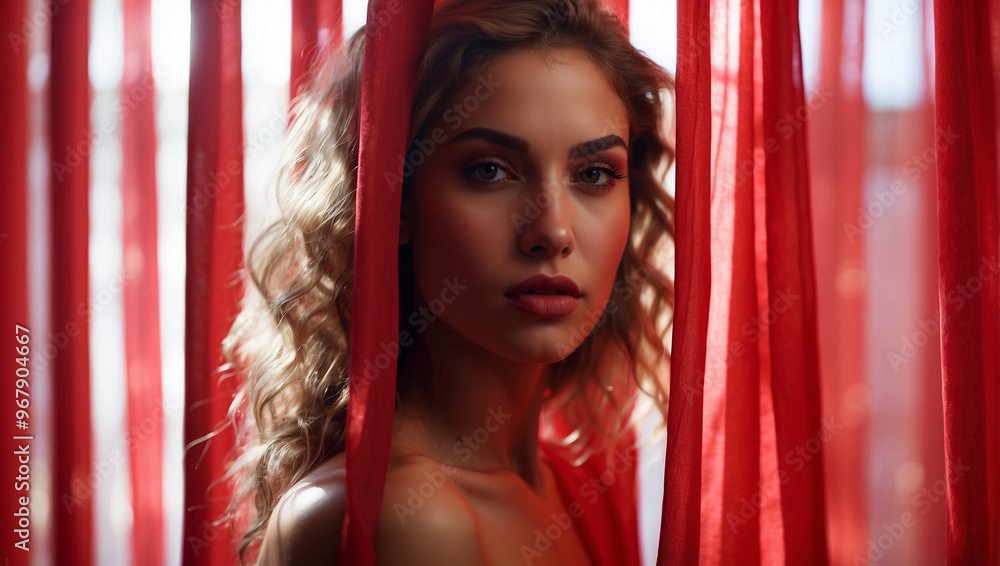 Beautiful female model peeking behind red transparent curtain Beautiful female model peeking behind red transparent curtain