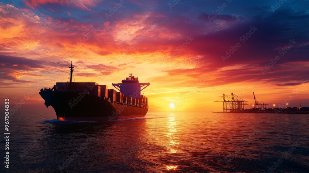Cargo ship sailing during a beautiful sunset with a colorful sky and industrial cranes in the background. Cargo ship sailing during a beautiful sunset with a colorful sky and industrial cranes in the background.