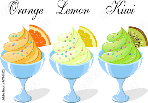 Fruit ice cream in bowls.Vector illustration with popsicles in bowls on a transparent background with text.