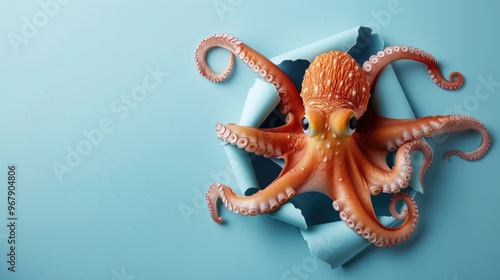 cute octopus peeking through a hole in a blue paper wall