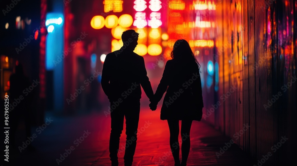 A couple holds hands while walking through a vibrant, illuminated urban setting at night. A couple holds hands while walking through a vibrant, illuminated urban setting at night.