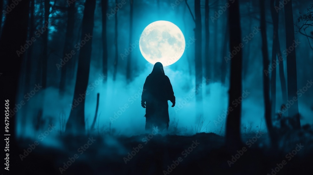 Fototapeta premium A mysterious figure stands under a glowing full moon in an eerie, foggy forest, evoking a sense of enchantment and intrigue.