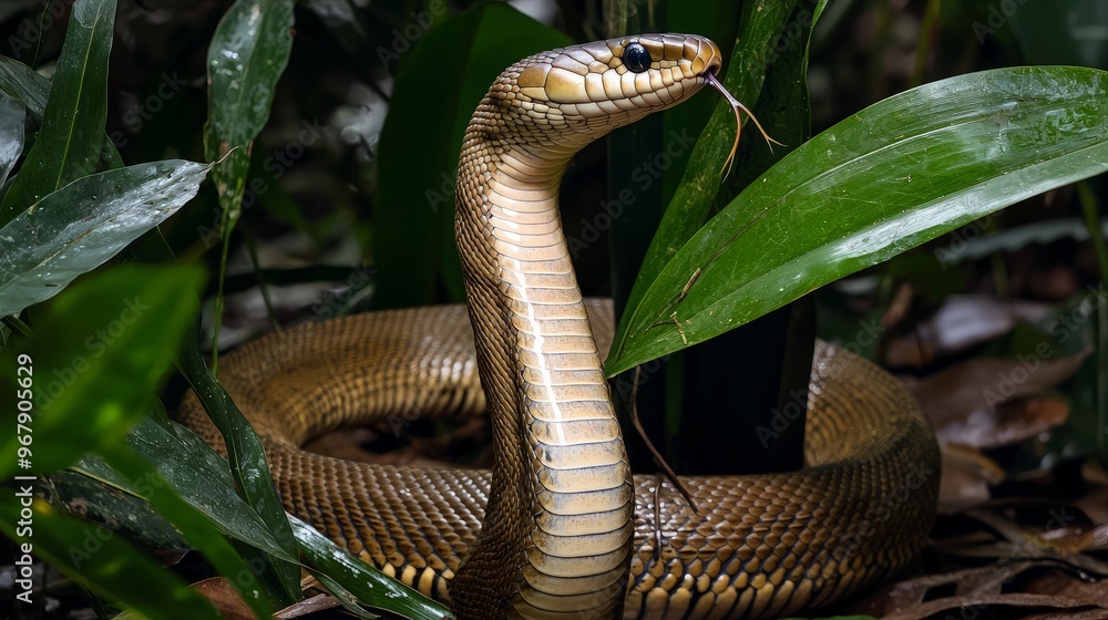 Fototapeta premium Close-up of a Cobra Snake in a Lush Green Environment