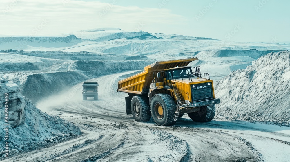 Yellow Dump Truck Driving on Snowy Road in Quarry Yellow Dump Truck Driving on Snowy Road in Quarry