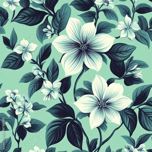 Seamless Floral Decorative Pattern on Deep Green Background
